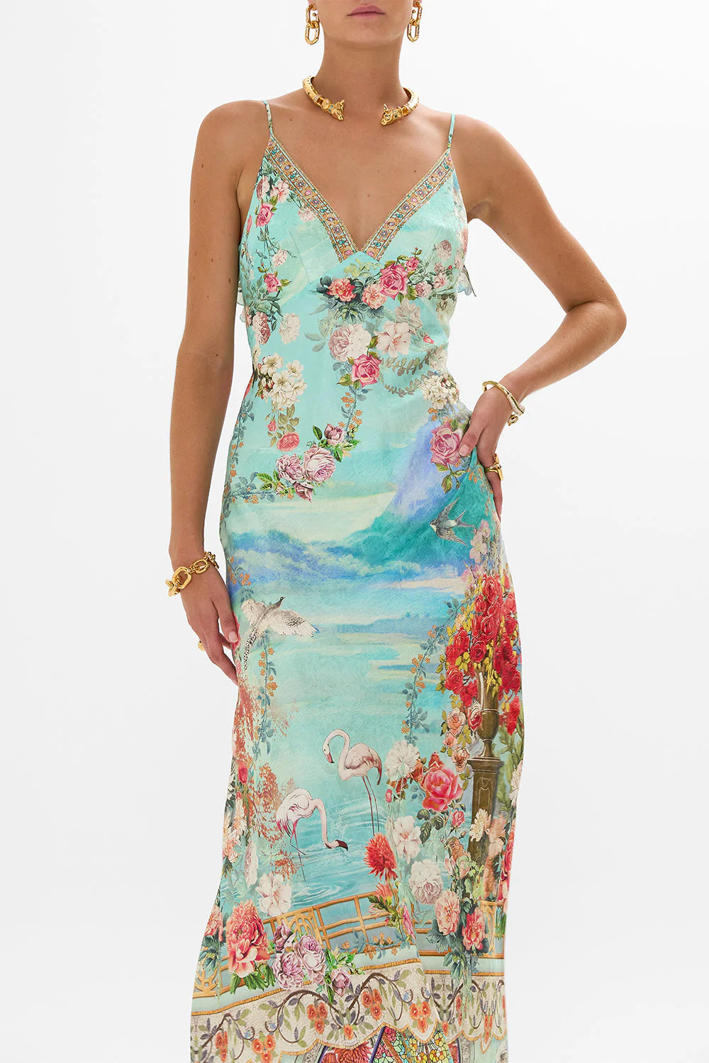 CAMILLA V NECK BIAS SLIP DRESS WITH BACK FRILL -SALE