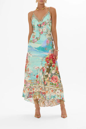 CAMILLA V NECK BIAS SLIP DRESS WITH BACK FRILL