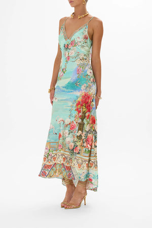CAMILLA V NECK BIAS SLIP DRESS WITH BACK FRILL