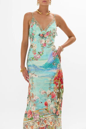 CAMILLA V NECK BIAS SLIP DRESS WITH BACK FRILL