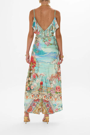 CAMILLA V NECK BIAS SLIP DRESS WITH BACK FRILL