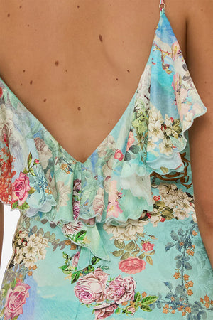 CAMILLA V NECK BIAS SLIP DRESS WITH BACK FRILL