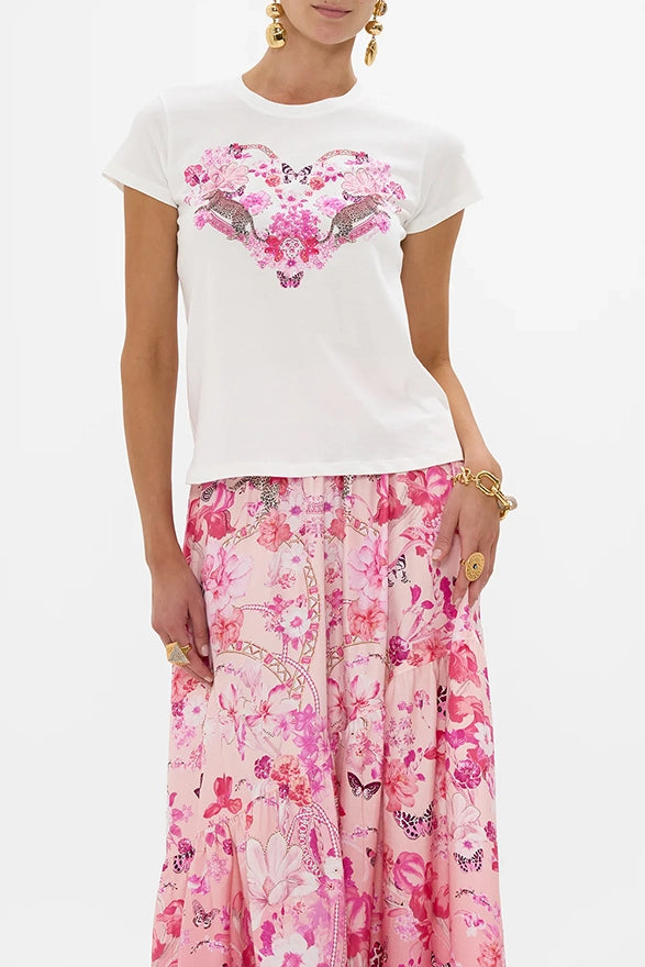 CAMILLA Slim Fit Round Neck T-Shirt - White/ Pink -SALE