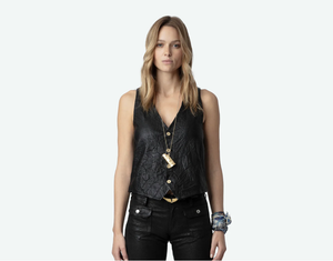 Black Emilie Crinkled Leather Vest
